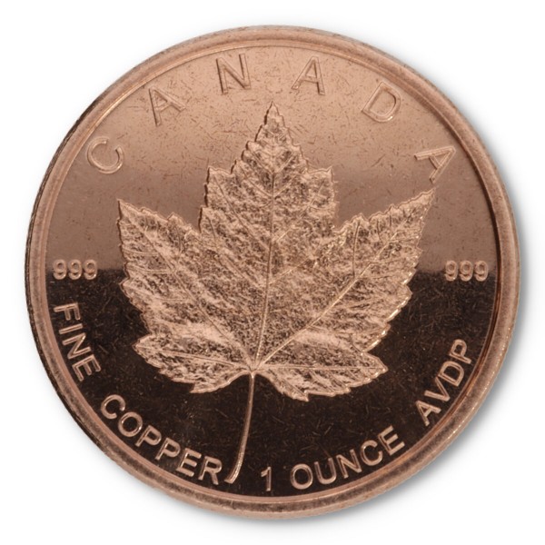 1 Unze (AVDP) .999 fein Kupfer "Maple Leaf"
