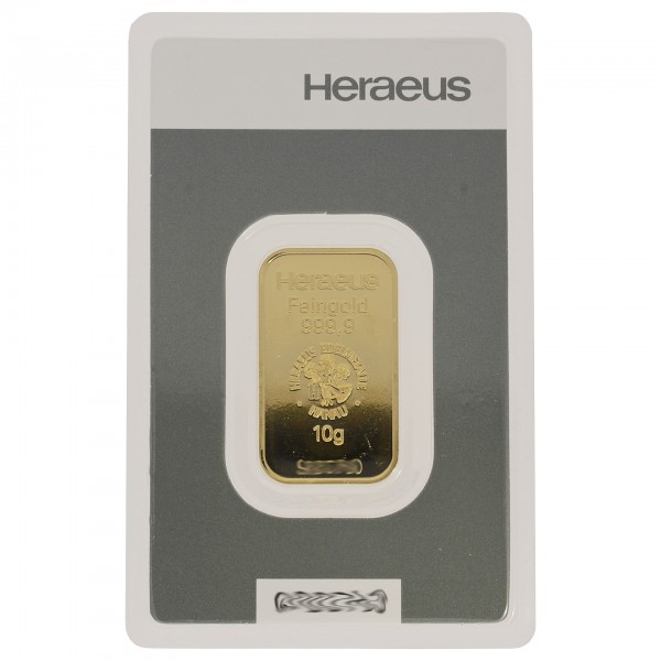 10 Gramm Goldbarren geprägt Heraeus Kinebar 999,9/1000 Gold