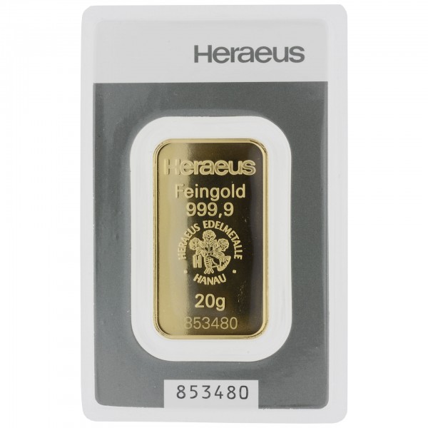 20 Gramm Goldbarren geprägt Heraeus 999,9/1000 Gold